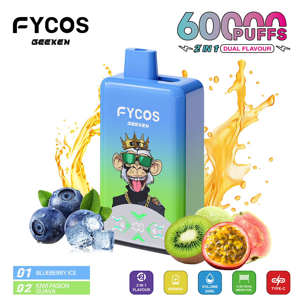 Fycos Geeken 60K 60000 2 in 1 Einweg Vape LED Smart Screen Dual Mesh Coil Fycos 60000 2 in 1 Puff Vape e zigarette vapes 3 Fycos Geeken 60K 60000 2 in 1 Einweg Vape LED Smart Screen Dual Mesh Coil Fycos 60000 2 in 1 Puff Vape e zigarette vapes