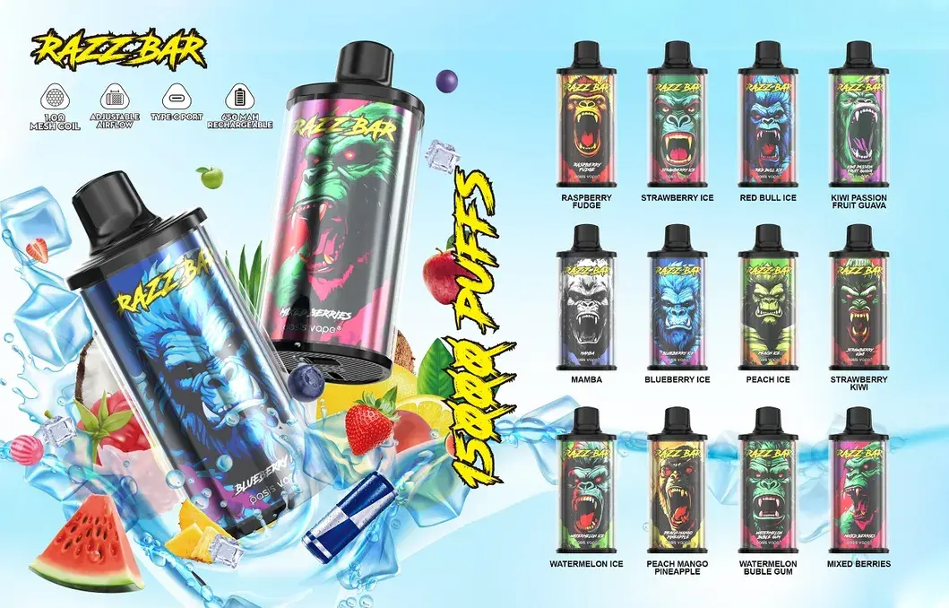 Razz Bar 15k 15000 Puffs Einweg Vape Adjustable Air Flow 1.0Ω Mesh Coil Razz Bar 15000 Puff Vape e zigarette
