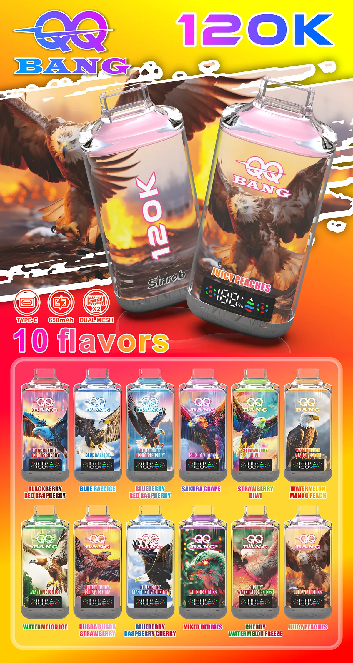 QQ Bang 120k 120000 Puffs Einweg Vape Digital Screen Mesh Coil QQ Bang 120000 120k Puff Vape e zigarette