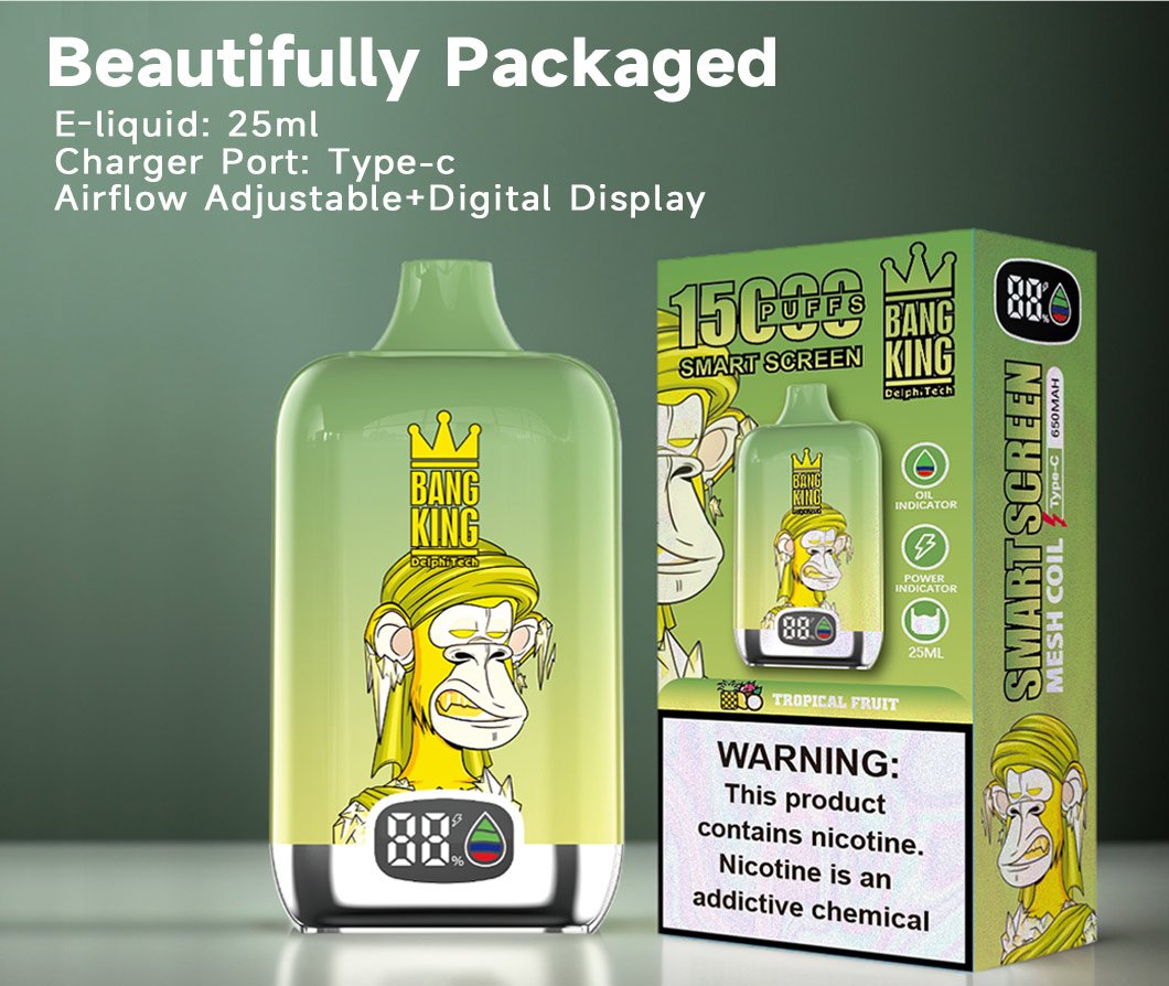 Bang King 15k, vapoteuse jetable avec écran intelligent, rechargeable via un port Type C