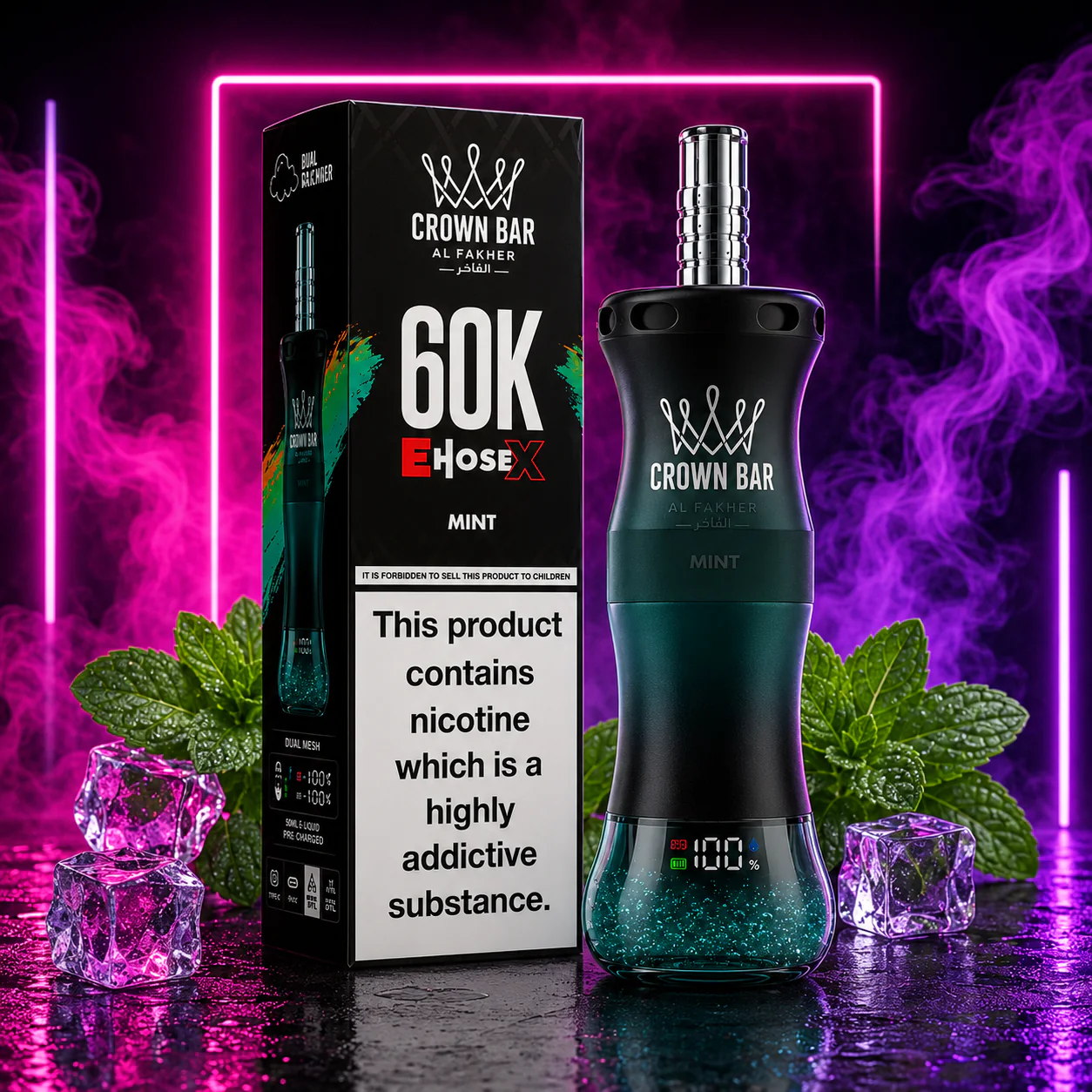 buy-al-fakher-crown-bar-e-hose-x-60k-mint-disposable-vape-online AL Fakher Crown Bar E Hose X 60K 60000 Puffs Einweg Vape Screen Display 0.6ohm Mesh Coil AL Fakher 60K Puff Vape e zigarette