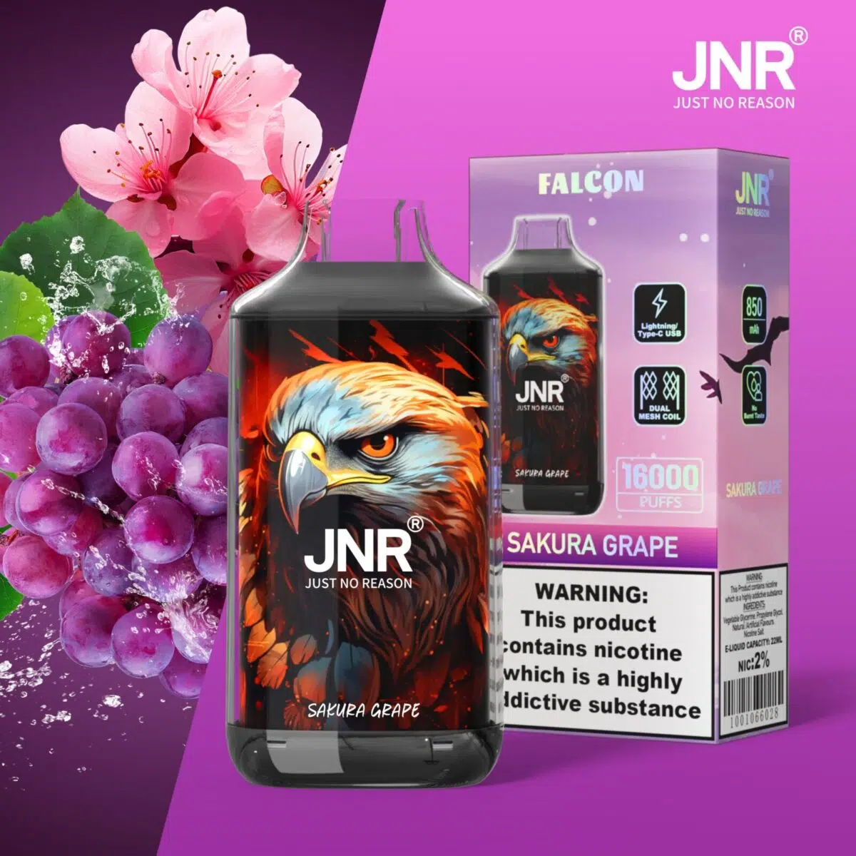 BANG VAPORS JNR FALCON 16000 4 JNR Falcon 16k Puff Vape e-cigarettes : écran d'affichage de la batterie et du niveau de e-liquide