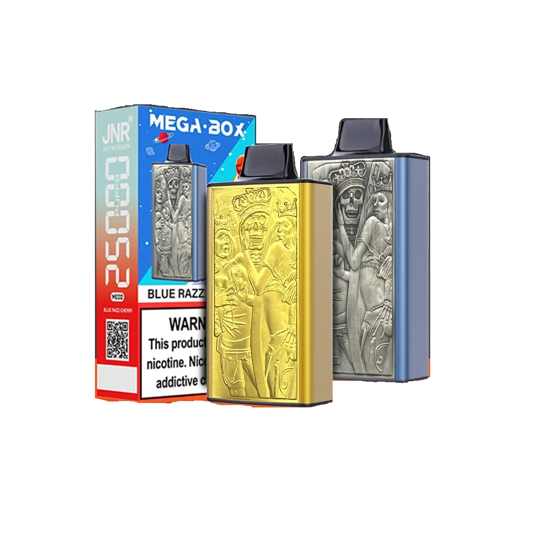 BANG VAPORS JNR MEGA BOX 25 000 bouffées 3 JNR Mega Box 25 000 bouffées – Cigarette électronique jetable avec boîtier métallique robuste et double résistance mesh