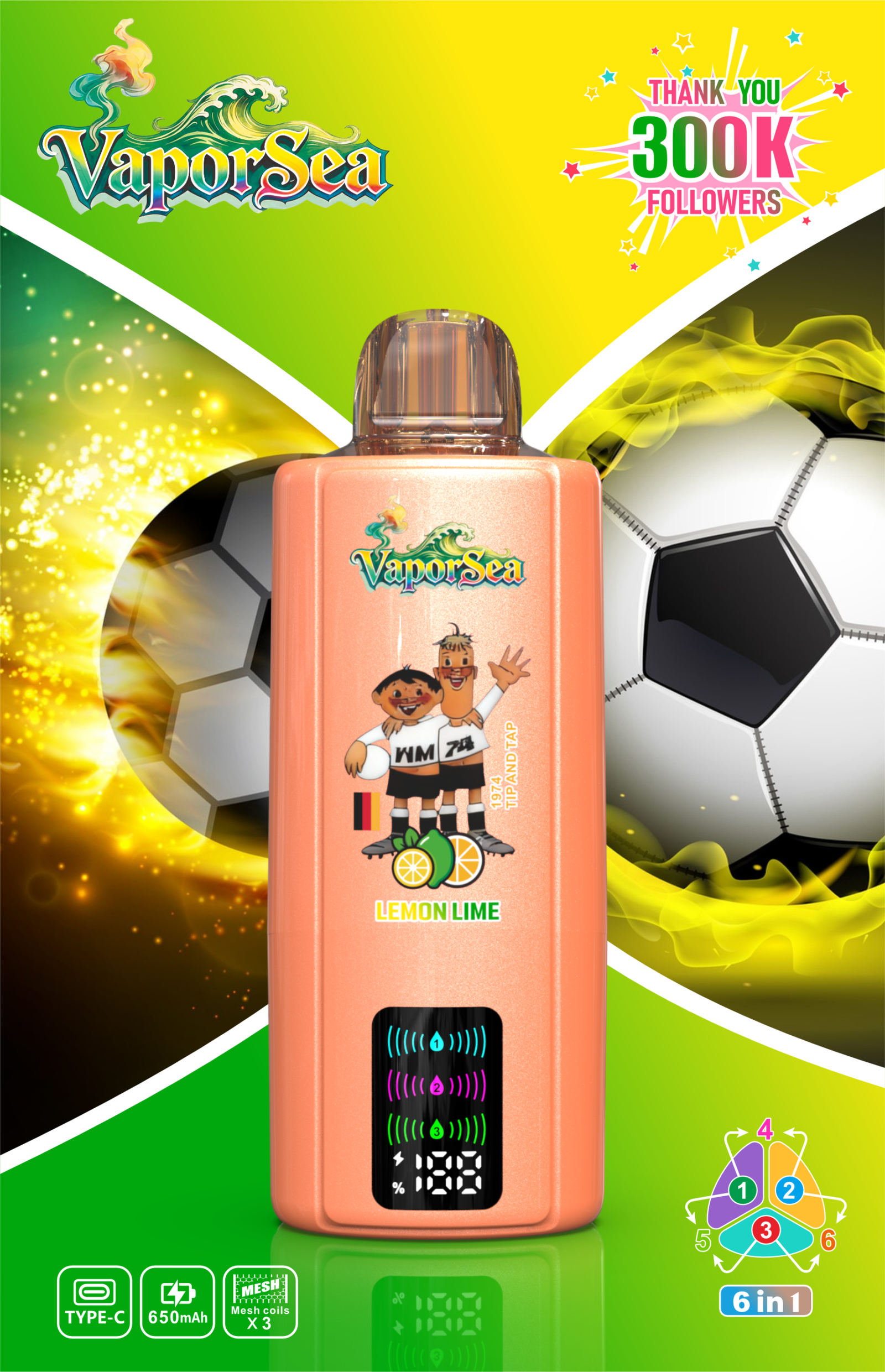 VaporSea 300K 6 in 1 Puff Vape e zigaretten LED Display Batterie und Liquid Anzeige VaporSea 300K 6 in 1 Puff Vape e zigaretten LED Display Batterie und Liquid Anzeige