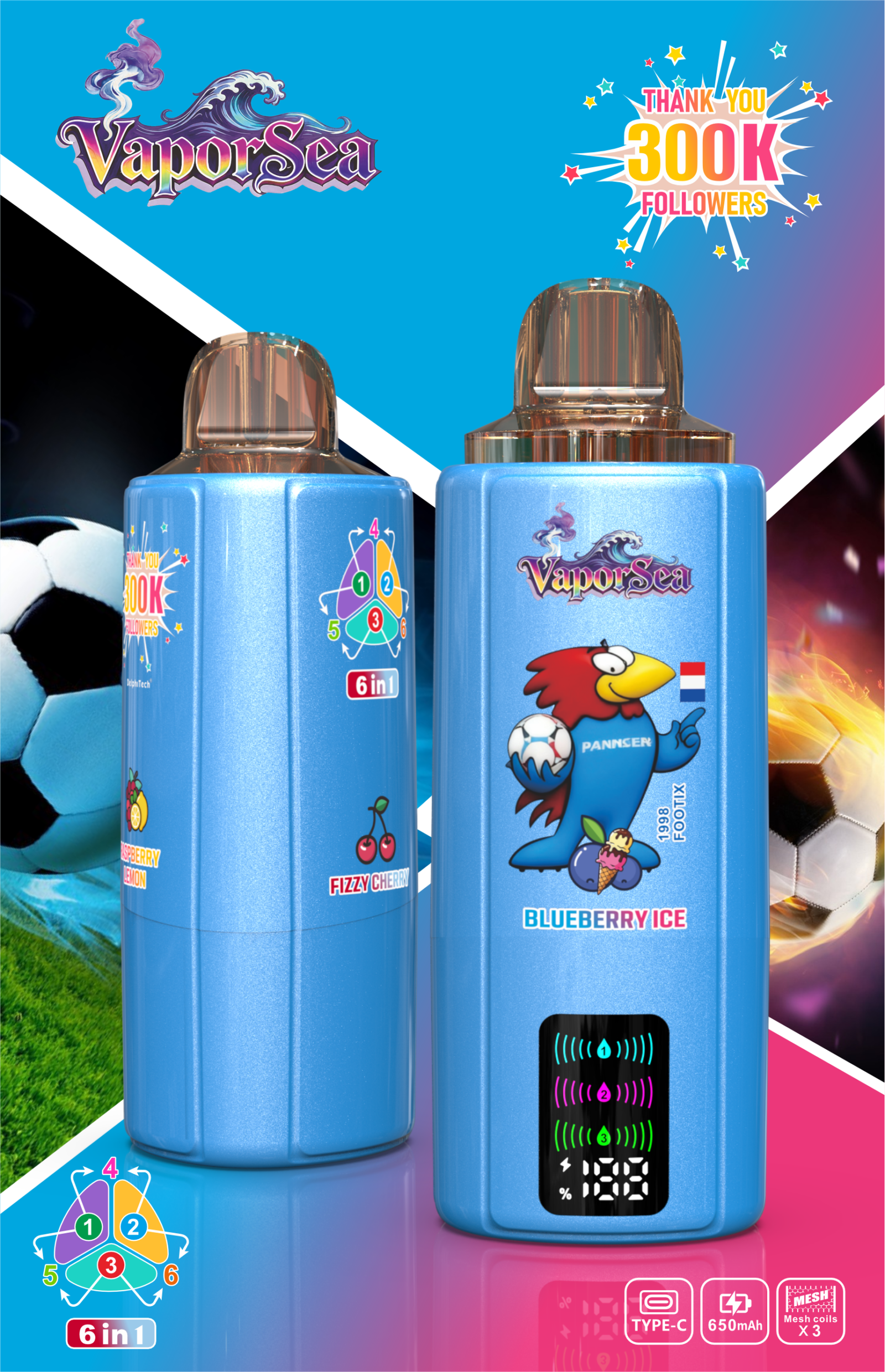 VaporSea 300K 6 in 1 Puff Vape e zigaretten LED Display Batterie und Liquid Anzeige VaporSea 300K 6 in 1 Puff Vape e zigaretten LED Display Batterie und Liquid Anzeige