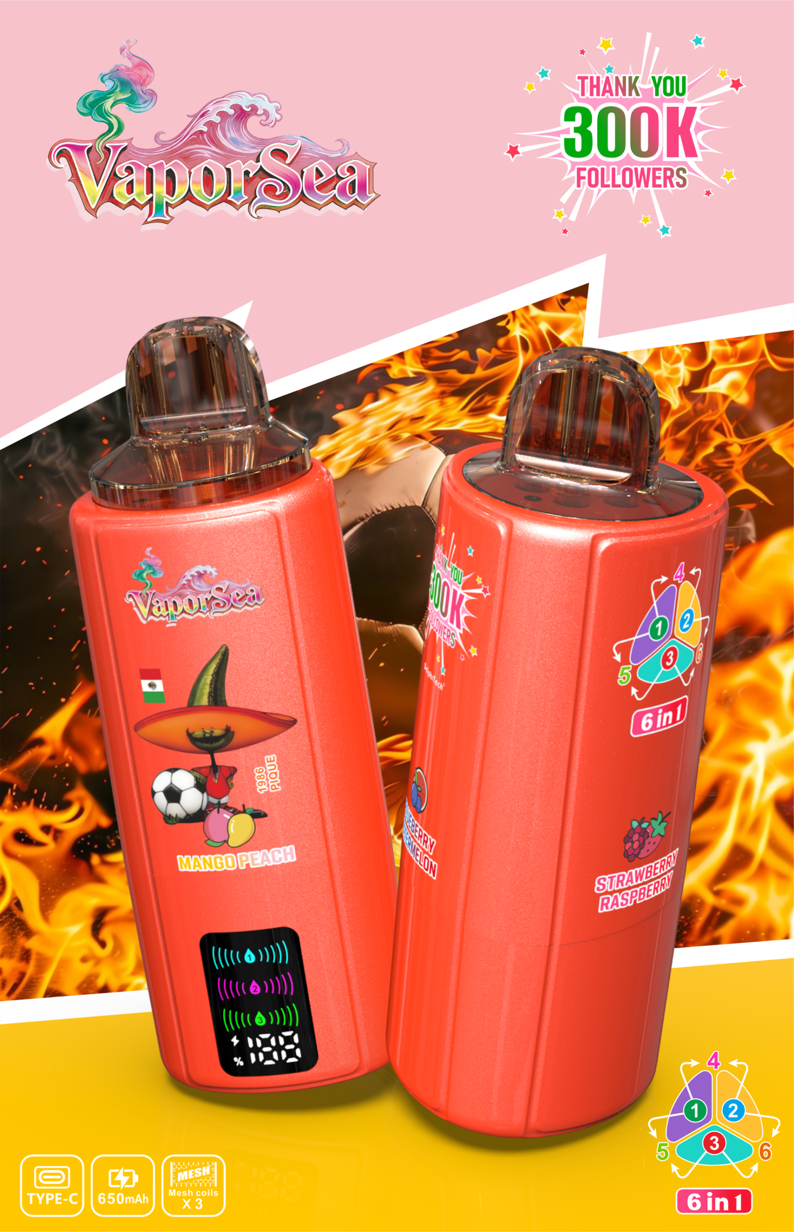 5 VaporSea 300K 6 in 1 Puff Vape e zigaretten LED Display Batterie und Liquid Anzeige VaporSea 300K 6 in 1 Puff Vape e zigaretten LED Display Batterie und Liquid Anzeige